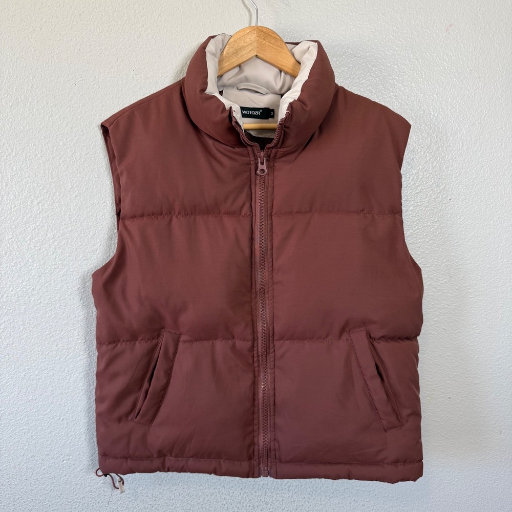 WOTOZR Puffer Vest Womens Size M Brown High Neck Zip Up Sleeveless Quilted